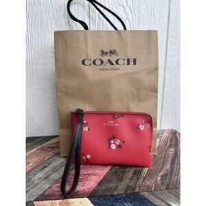 Coach F34316 Red Coated Canvas Baby Bouquet Corner Zip Wristlet Purse Wallet NWT